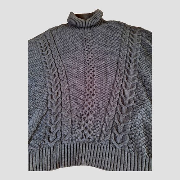 Ana Chunky Cable Knit Boxy Sweater Pullover Turtleneck Cotton Blend Black XXL - Picture 2 of 11